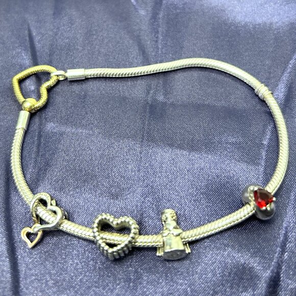 Pandora Sterling Silver Heart Closure Bracelet 9 " with 1 spacer & 3 charms - Picture 1 of 4